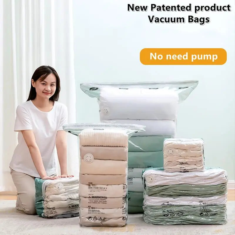 A woman sits beside a display of varying sizes of filled vacuum storage bags for bedding and clothes