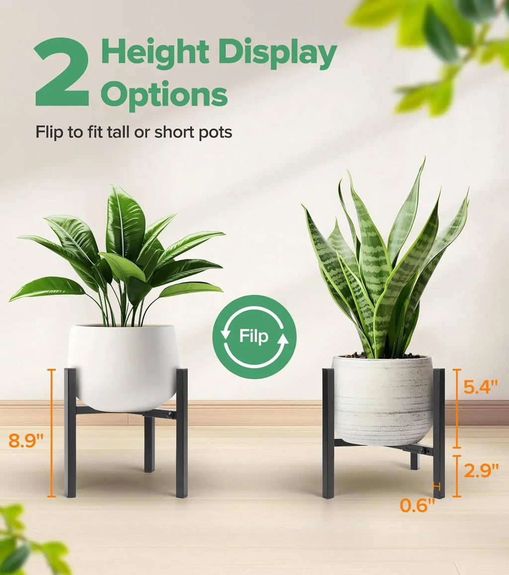 Two black metal plant stands showing tall and short display options for planters