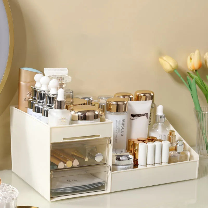 Beige Partitioned Desktop Organizer with Drawers for Makeup, Skincare or Office