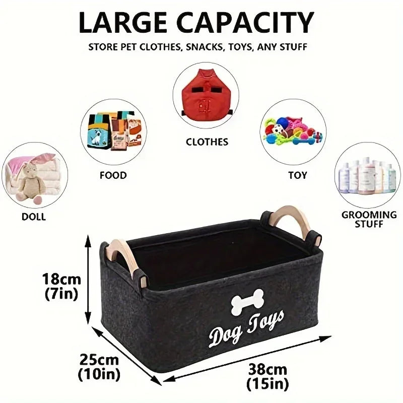 Size diagram showing felt dog toy basket with capacity suggestions and measurements
