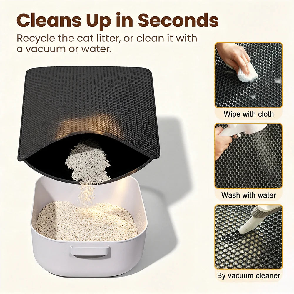 Black double-layer cat litter mat being emptied and cleaned; wipe, wash or vacuum options shown