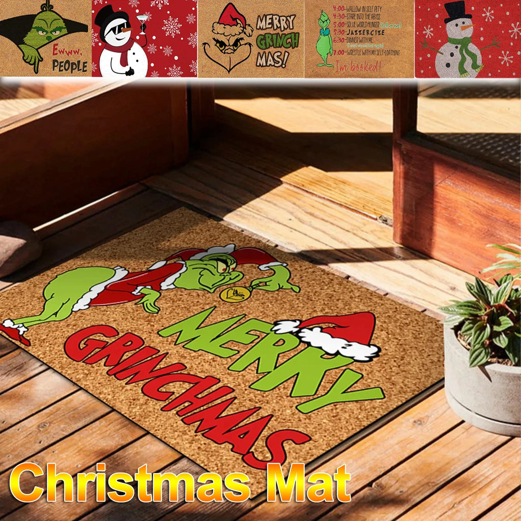 Festive holiday doormat on a wooden porch with Grinch and 'Merry Grinchmas' design