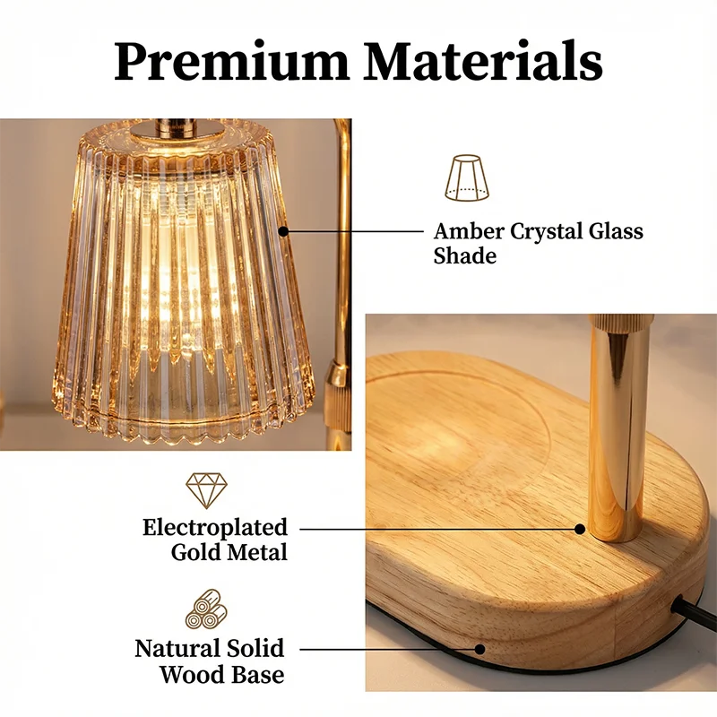Detail of amber ribbed glass shade, gold metal arm, and wood base of the candle warmer lamp