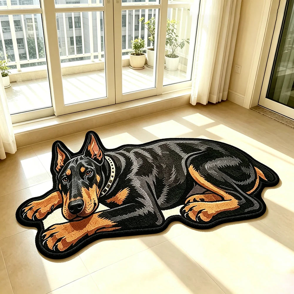 Doberman shaped rug in a sunlit living area with potted plants by balcony windows