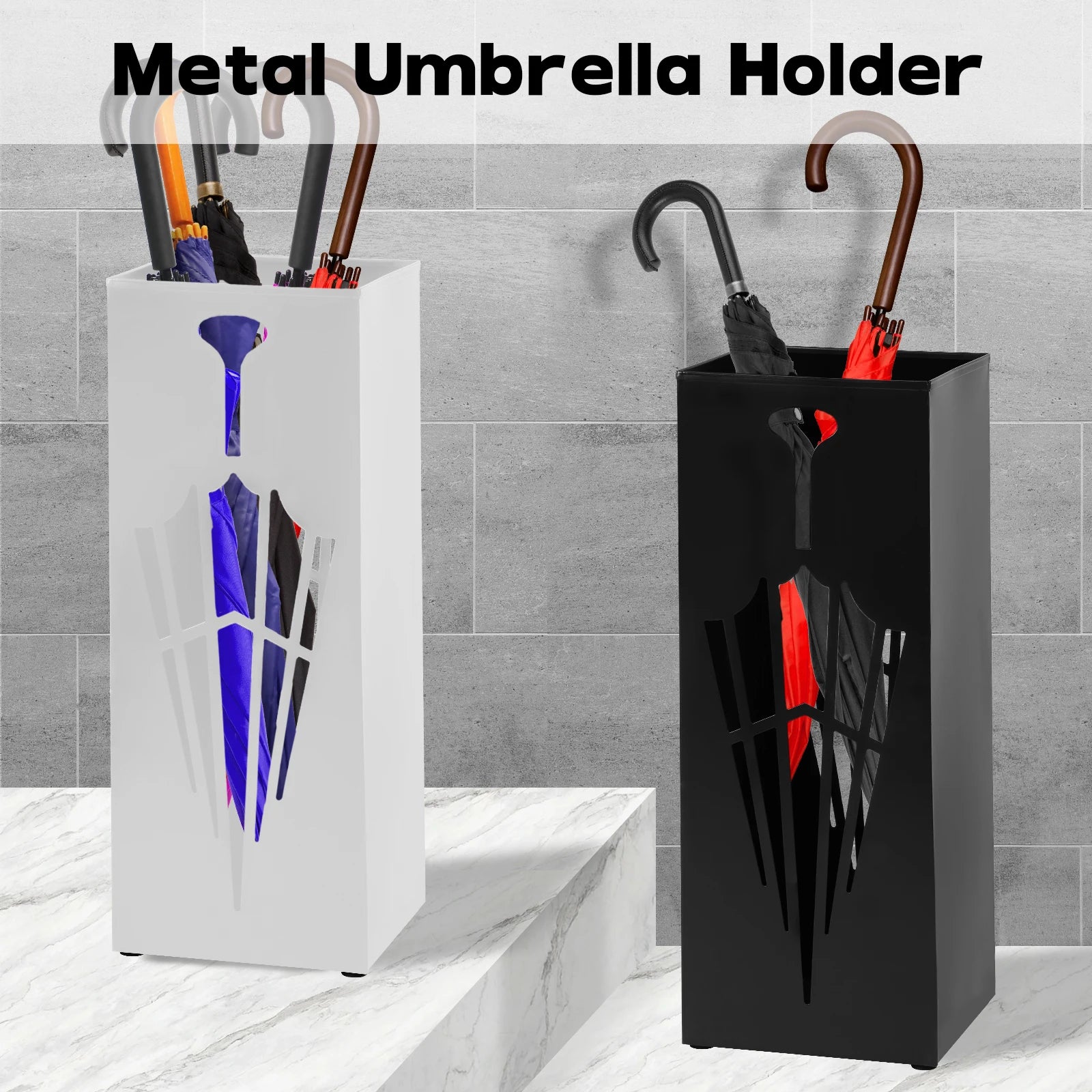 Black and white rectangular metal umbrella stands holding umbrellas in an entryway