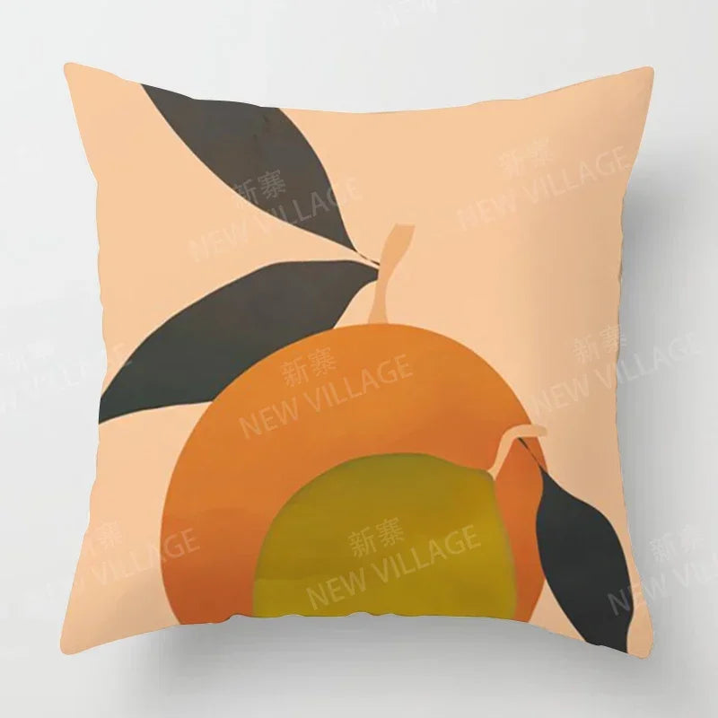 Square throw pillow cover featuring two stylized orange fruits with dark green leaves on a soft beige background.