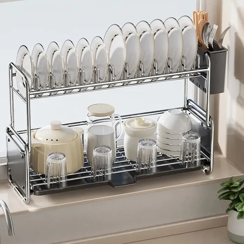 Narrow Kitchen Dish Drying Rack with Drainboard – 1 or 2 Tier