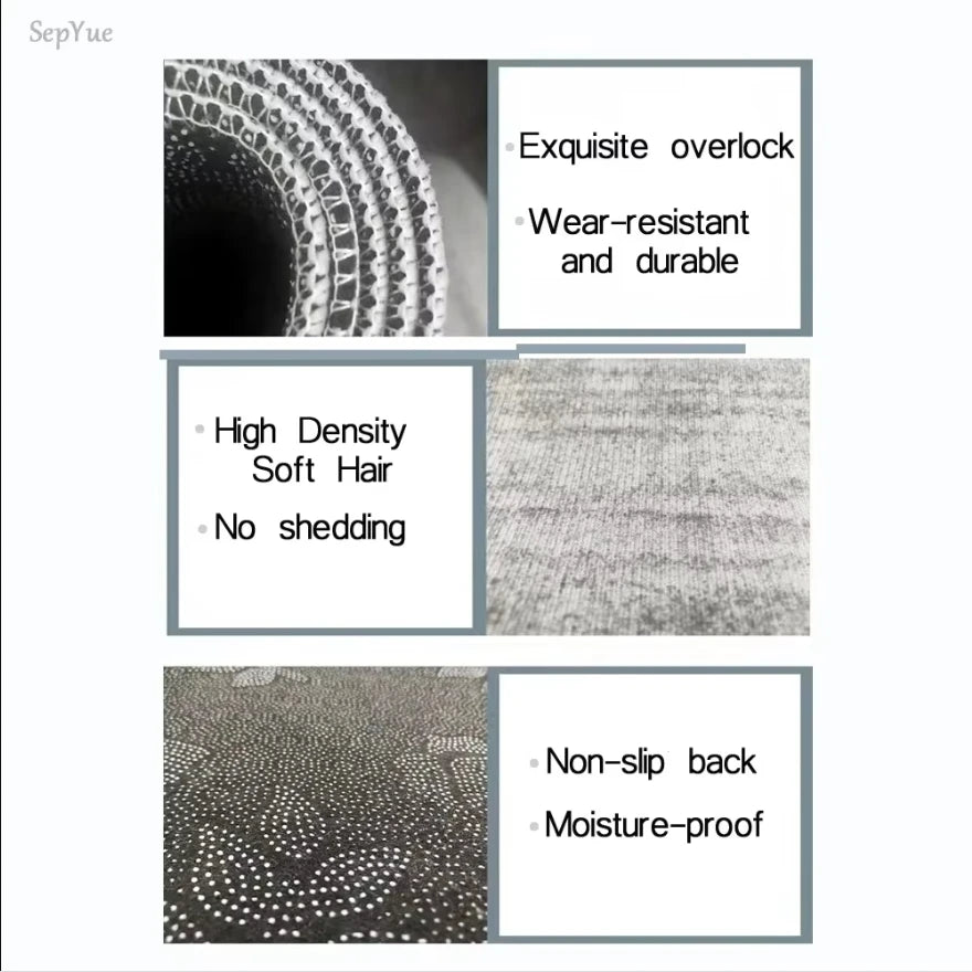Rug details showing durable overlock, soft boned pile, and non-slip dotted backing