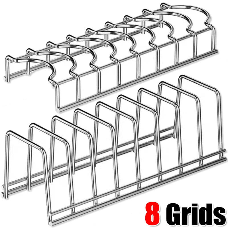 two stainless steel wire racks, one with curved slots for bowls, one with straight slots for plates