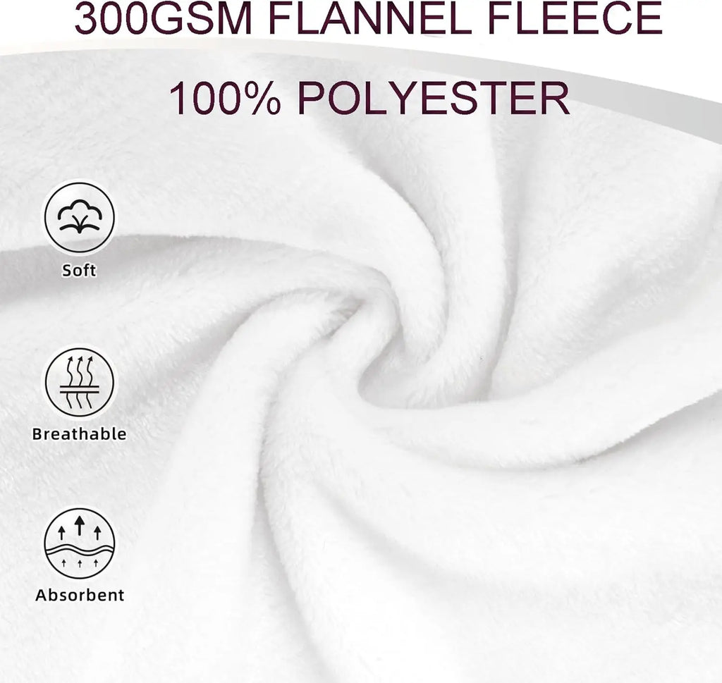 Close-up of soft white flannel fleece material labeled as 300GSM 100% polyester