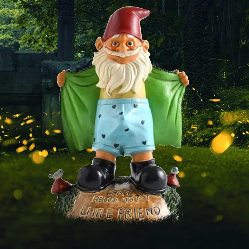 Blue shorts garden gnome statue shown in a dark, glowing garden setting