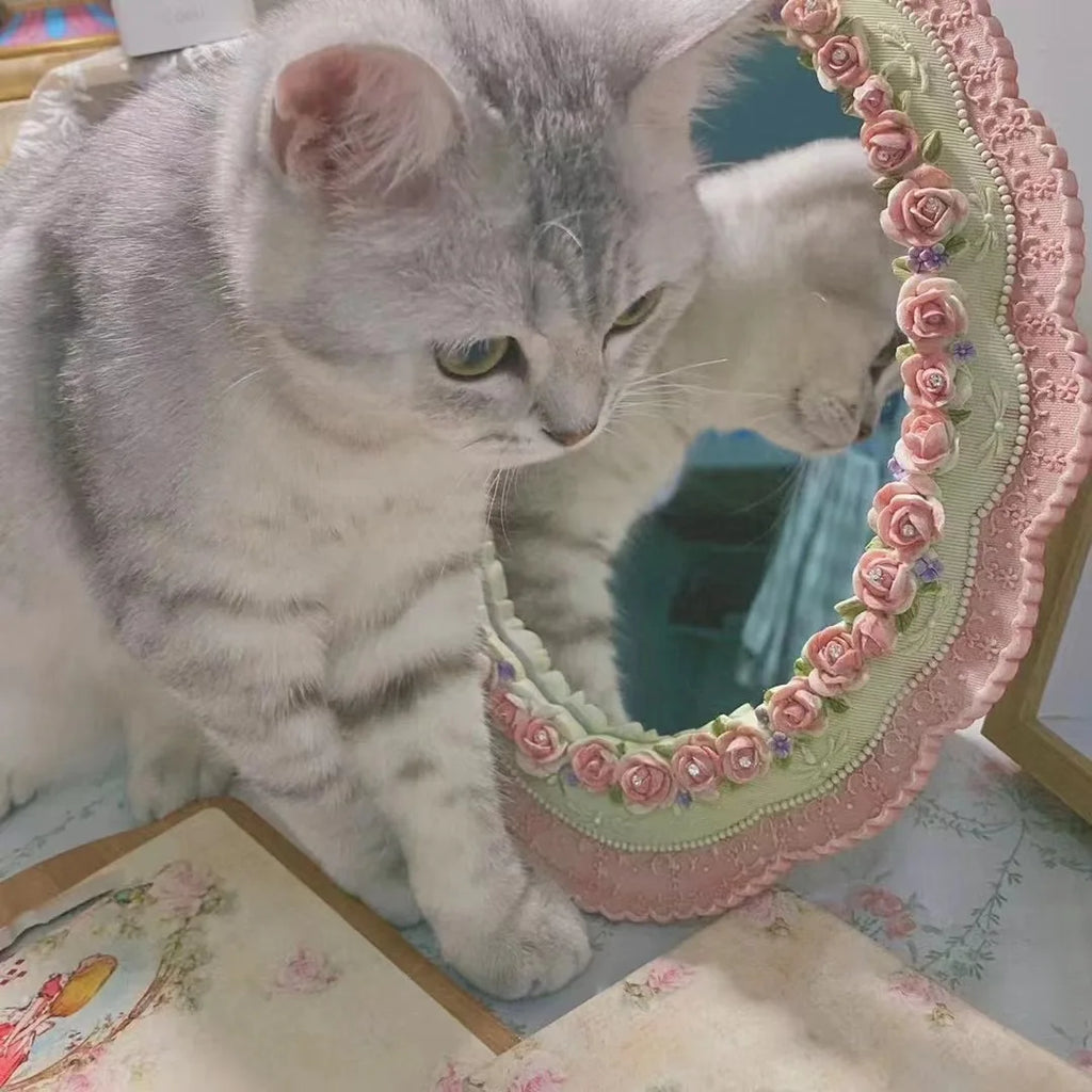Silver tabby cat next to pink rose-trimmed oval mirror on a floral desktop