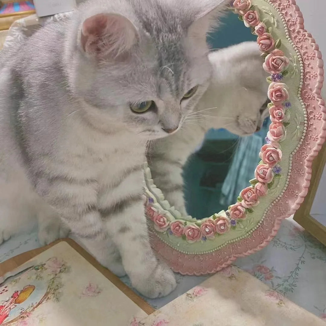 Silver tabby cat next to pink rose-trimmed oval mirror on a floral desktop