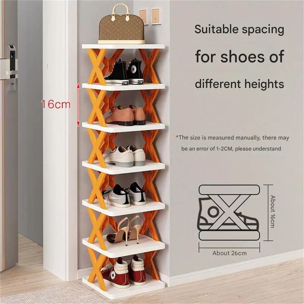 Tall narrow multi-layer plastic shoe rack with orange X-frame sides in entryway with bags and various shoes