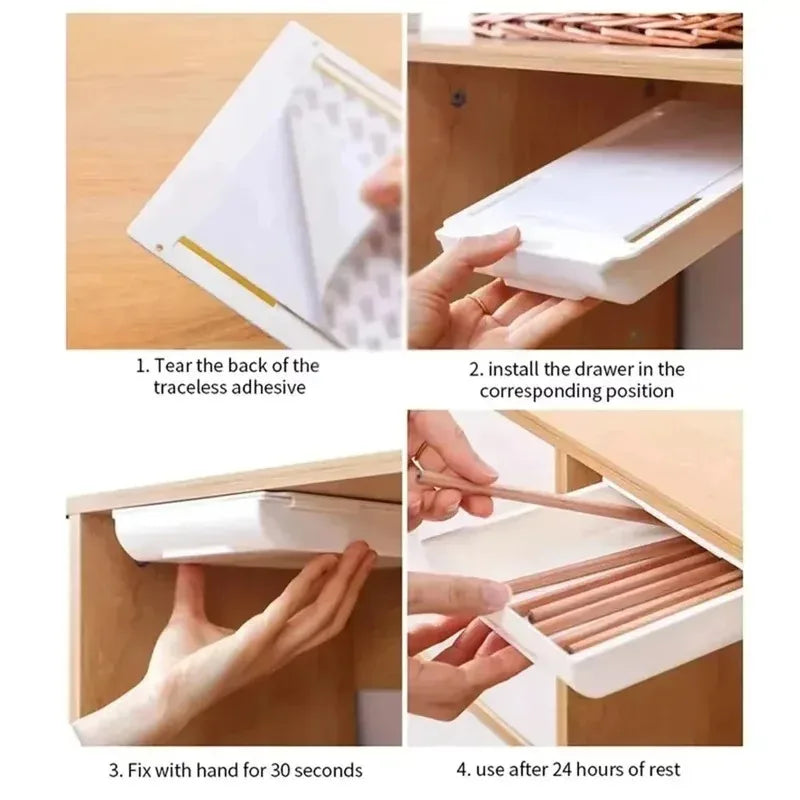 Step-by-step process of installing a white self-adhesive under-desk storage drawer using adhesive backing