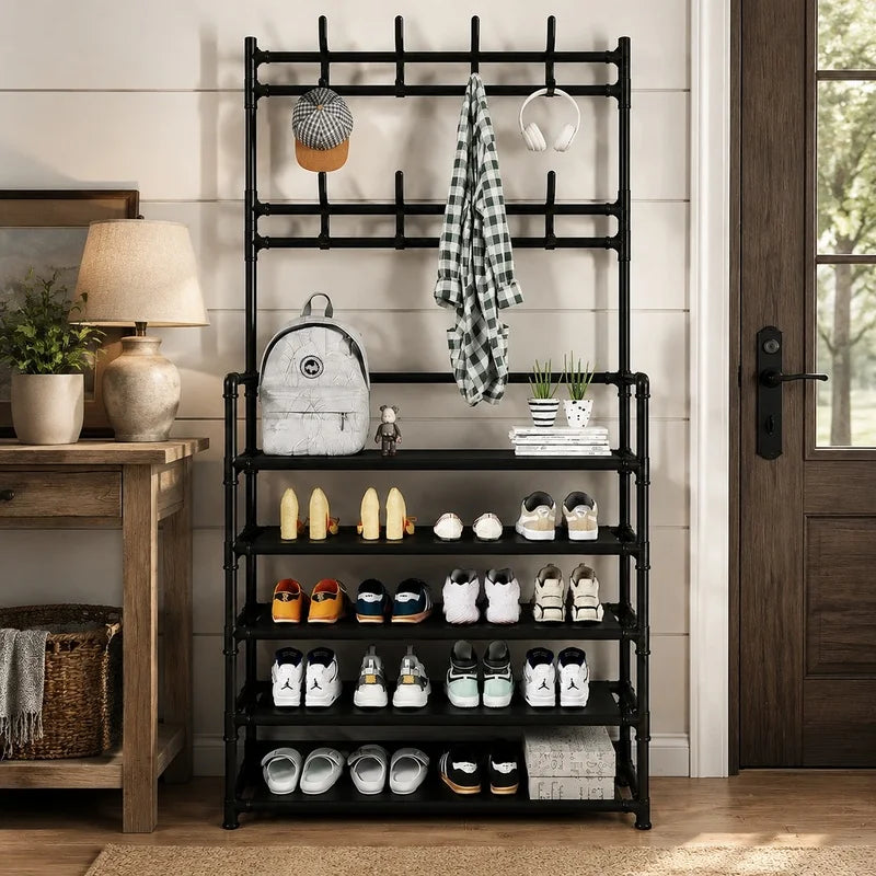Black metal entryway rack with five shelves for shoes and multiple hooks for hats, coats, and bags staged in a cozy entry space