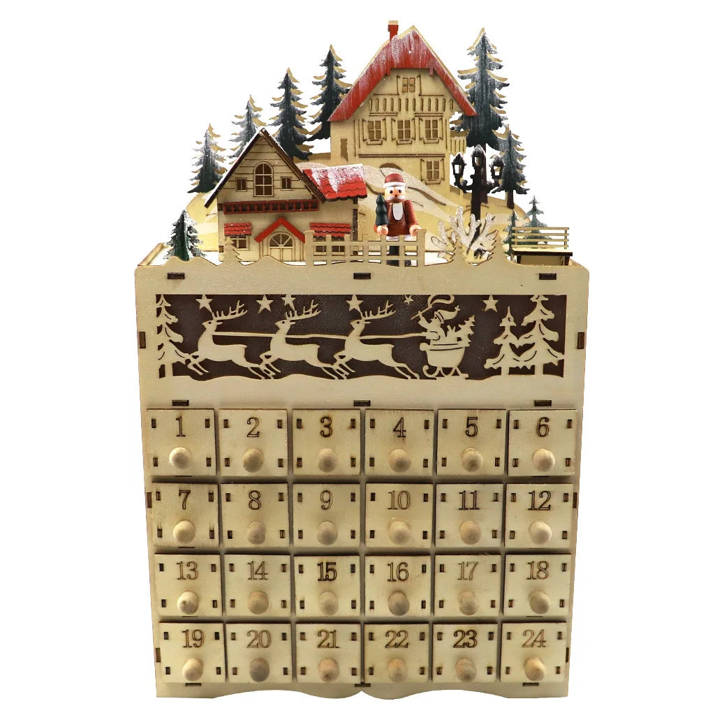 Wooden Christmas Village LED Advent Calendar with 24 Drawers for Living Room Mantel
