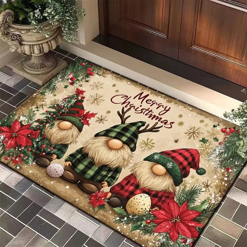 Tan background Christmas gnome door mat with three gnomes, poinsettias, and 'Merry Christmas' lettering at a front entryway