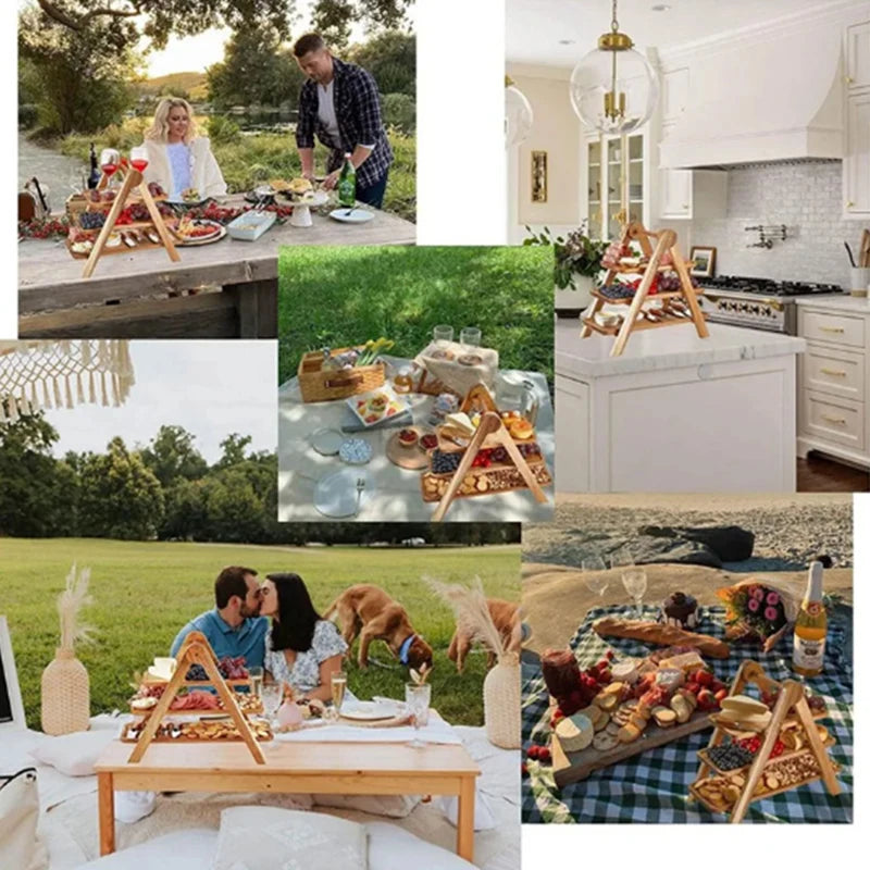 Collage of three-tier wood serving tray in outdoor picnics and kitchens