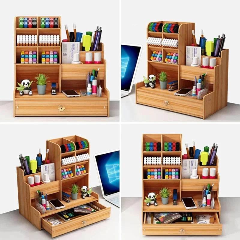 Collage of cherry wood desk organizer from various angles on a white desk setting