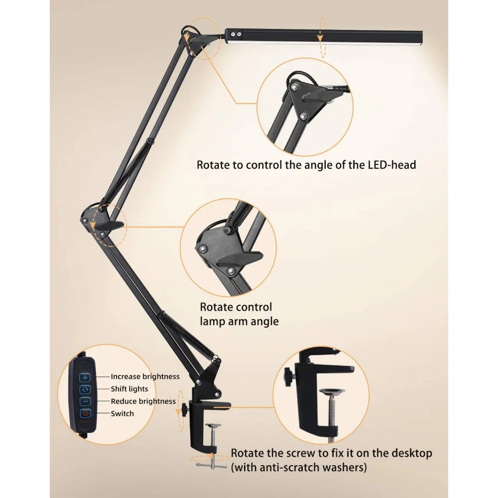 Close-up diagram of adjustable swing arm lamp features and clamp installation