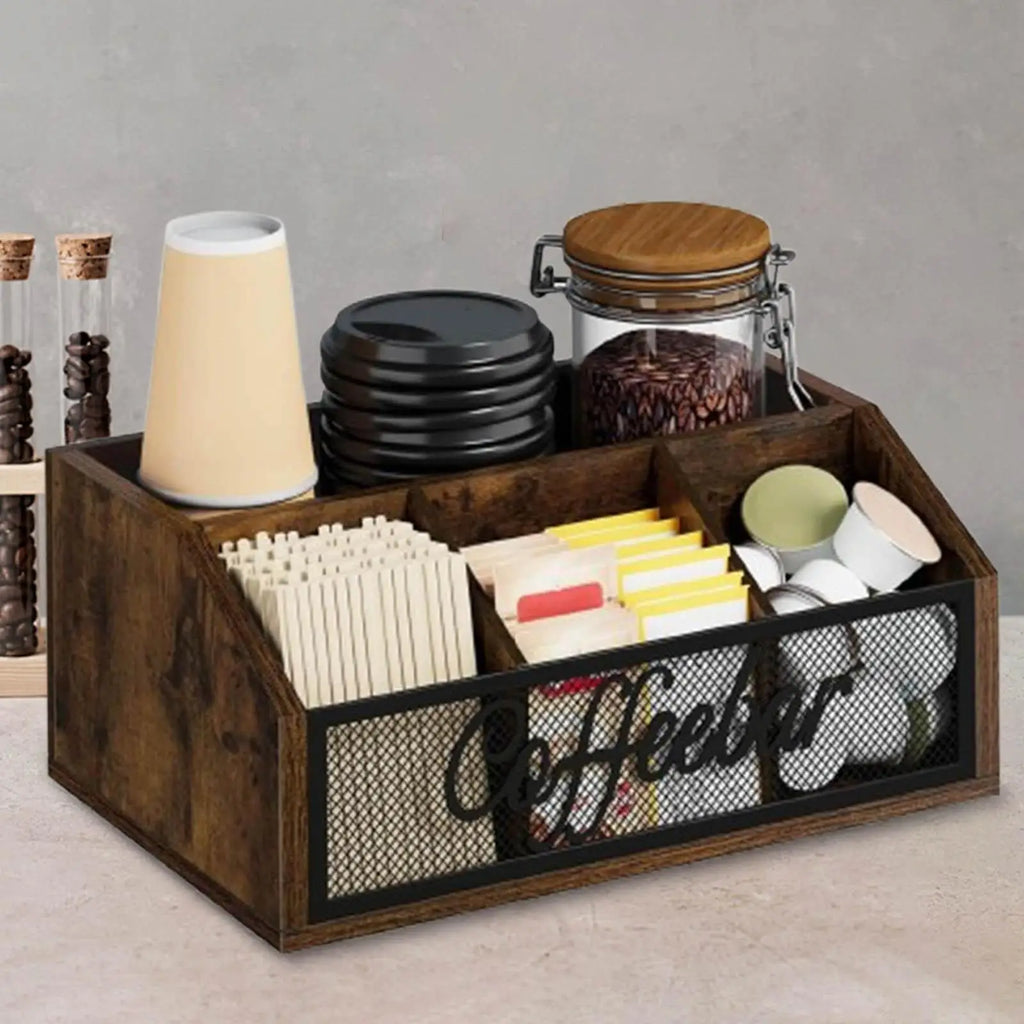 coffee organizer on a neutral kitchen counter with coffee supplies arranged inside