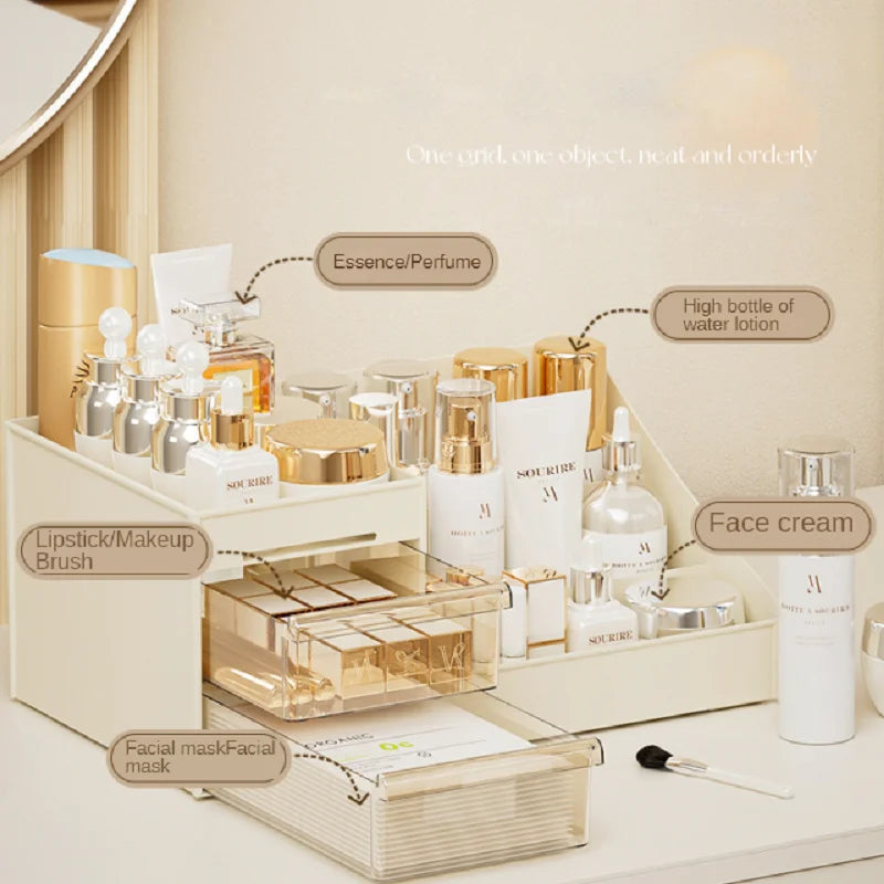 Beige partitioned desktop organizer showing labeled spaces for makeup, brushes, lotions, and face cream