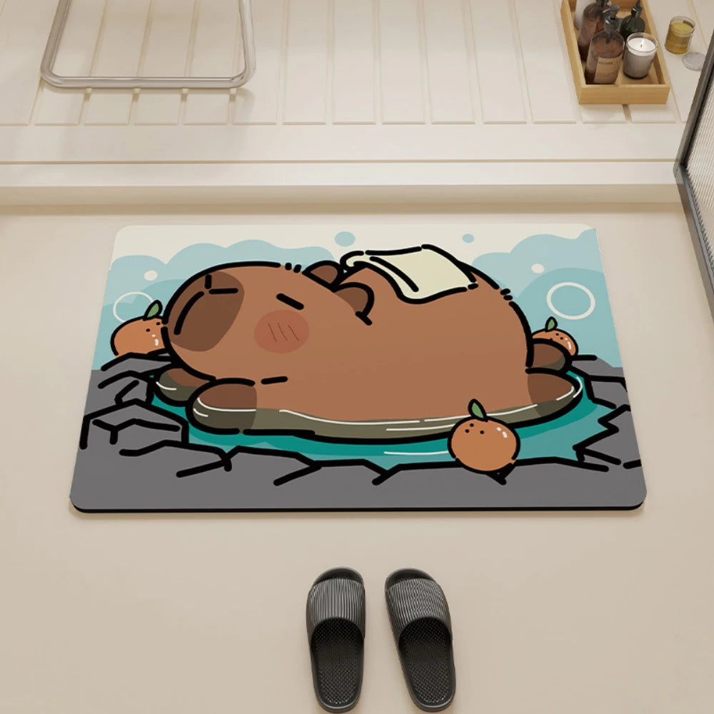 Top view of cute capybara bath rug in front of a shower