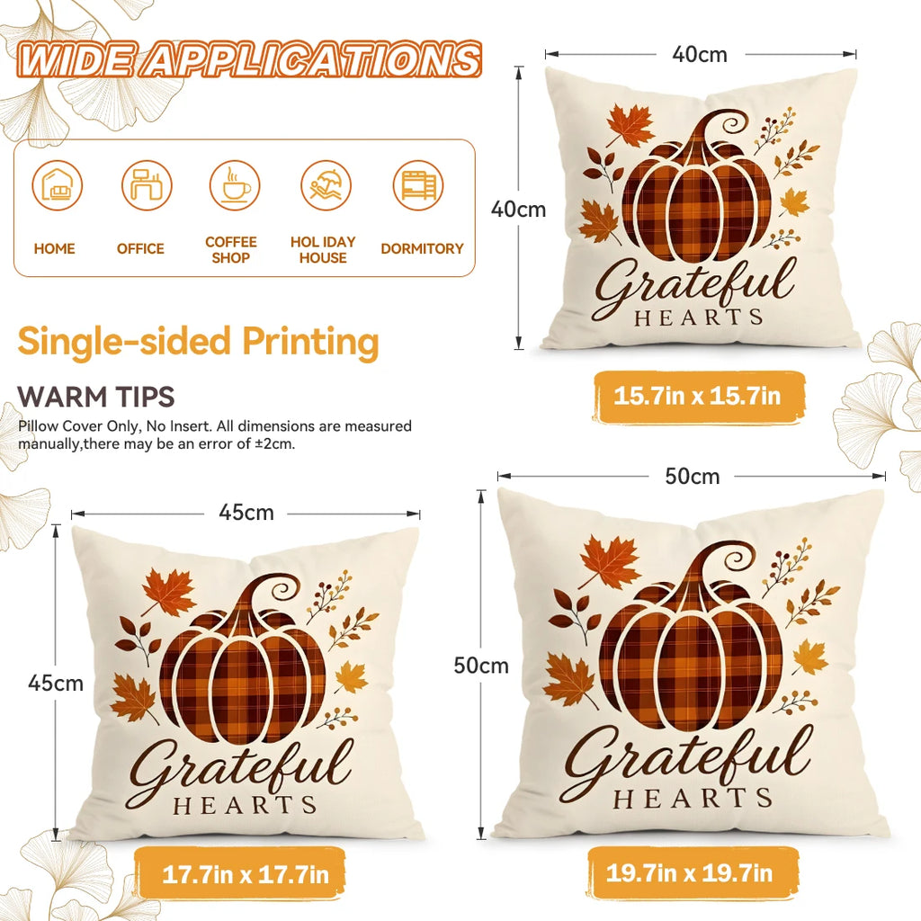 Maple Plaid Autumn Throw Pillow Covers – Set of 4 Fall Pumpkin & Leaf Cushion Covers for Living Room or Sofa