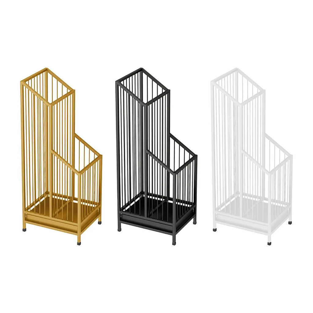 iron umbrella stands in gold, black, and white options shown side by side