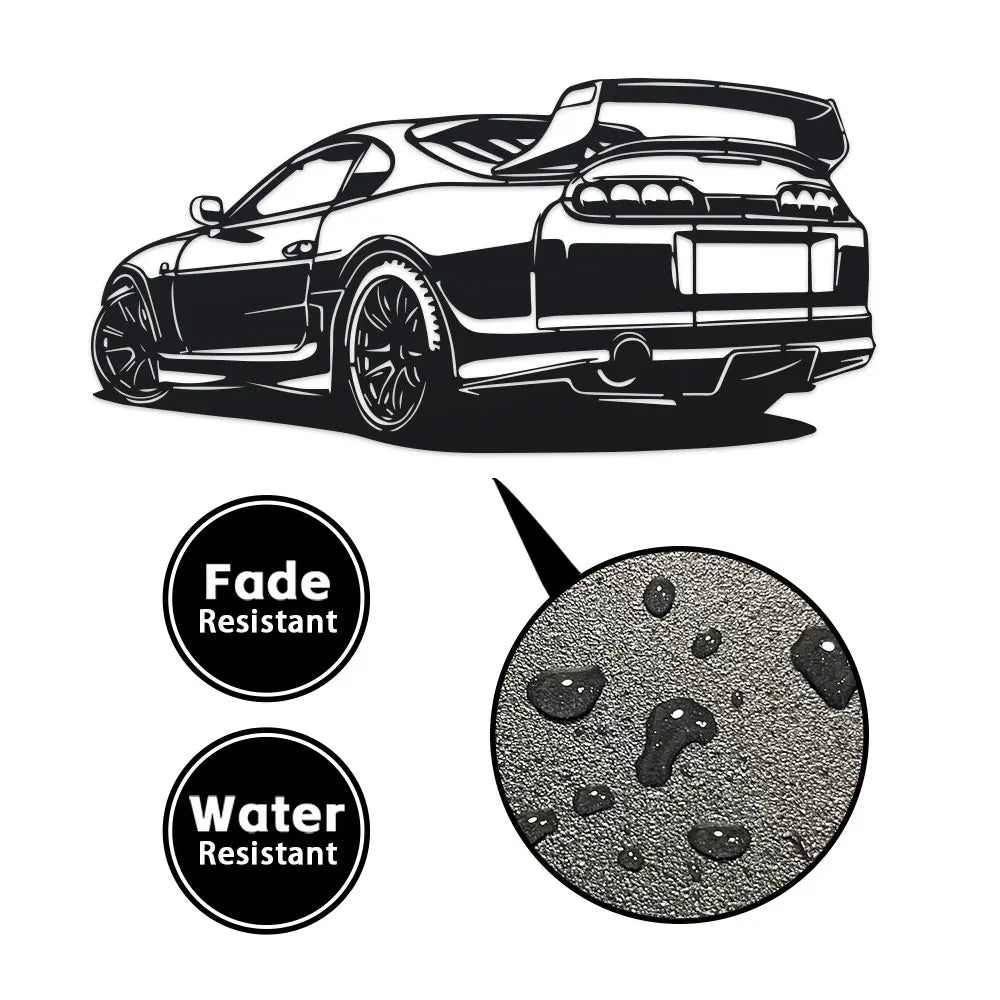 Close-up of metal car wall art showing fade resistant and water resistant finish