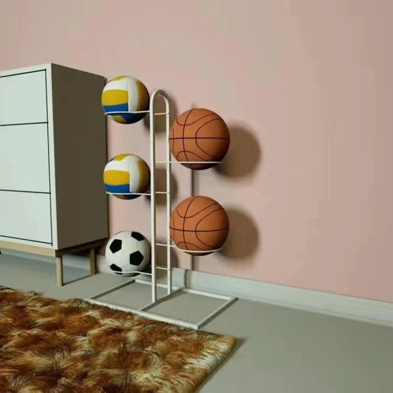 Freestanding Multi-Layer Ball Storage Rack for Basketball, Soccer & Volleyball – Black or White Carbon Steel Organizer for Bedroom