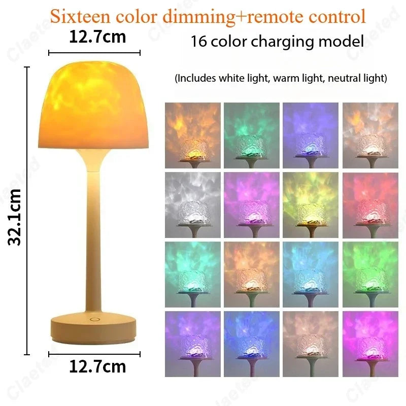 Linden Mushroom Ripple Table Lamp – 16-Color Rechargeable LED with Water Projection for Bedroom or Living Room