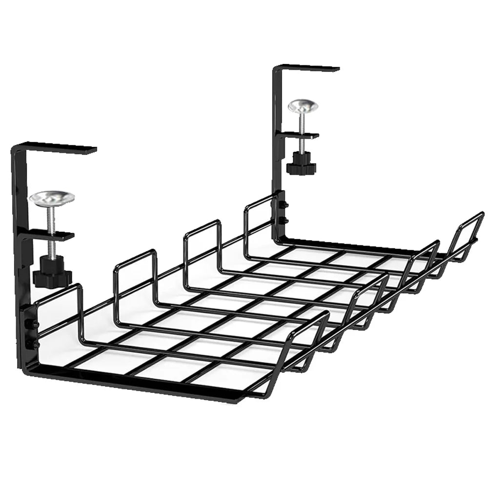Black metal under desk cable tray with clamp attachment for organizing cords