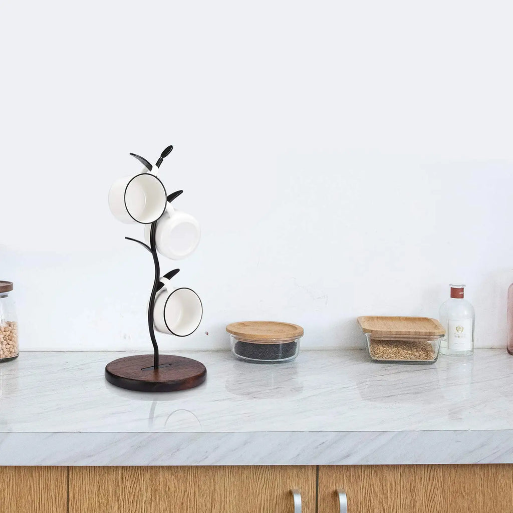 Single Row Black Mug Tree Stand with Wood Base for Kitchen Counters