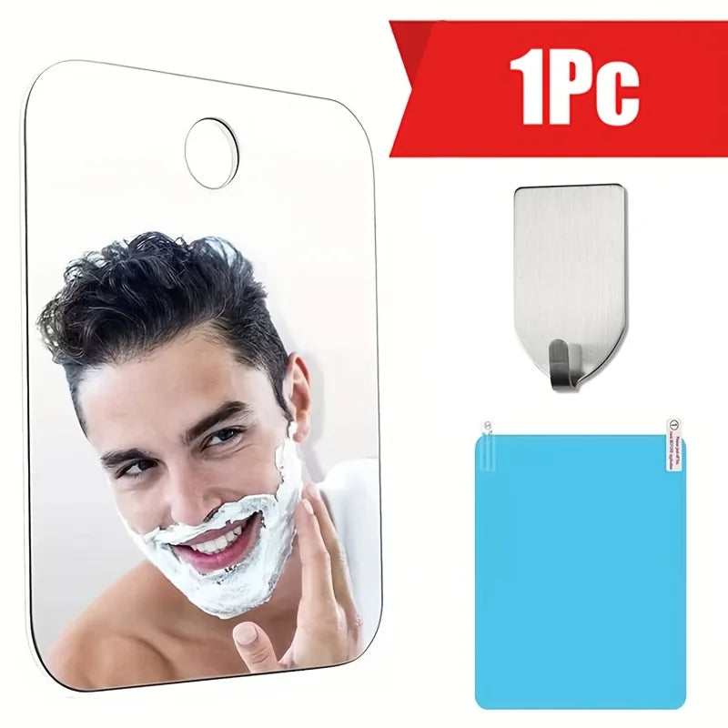 Set showing one acrylic wall mirror, stainless hook, and blue protective film