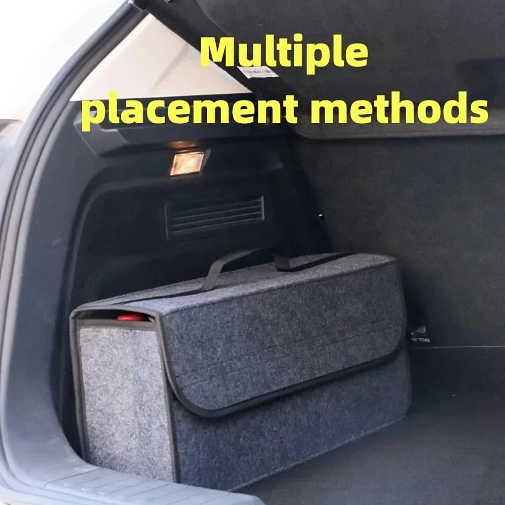 Gray felt car trunk storage organizer bag placed in boot with caption 'Multiple placement methods'