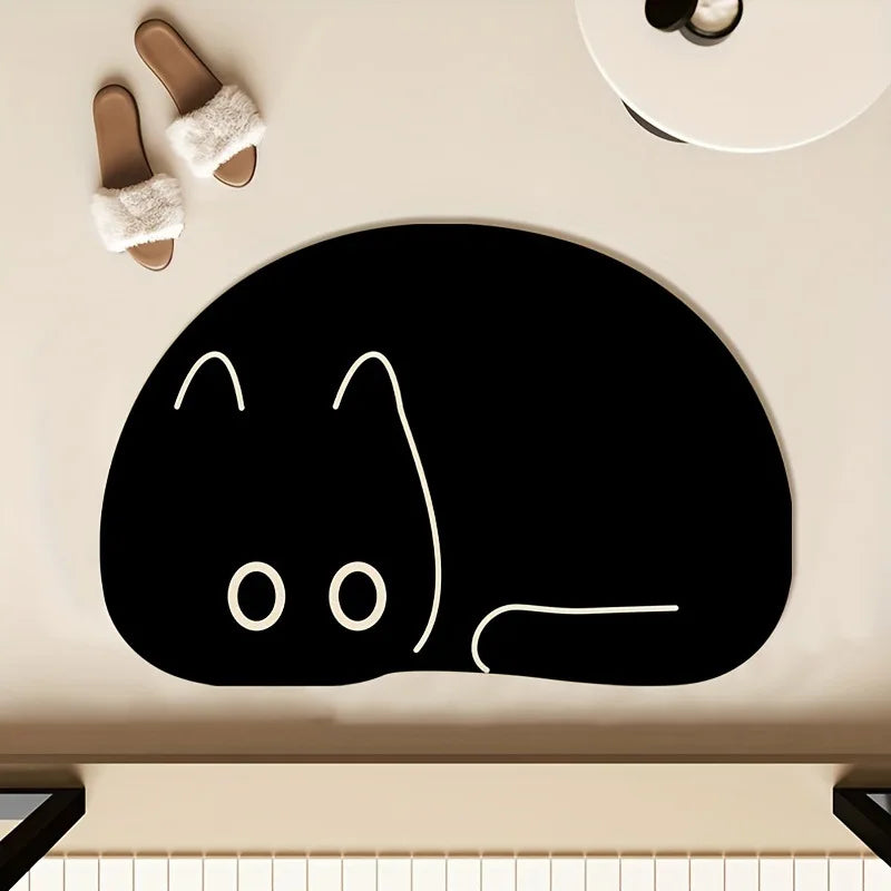 Black Cat Quick-Dry Bath Mat with Non-Slip Rubber Backing