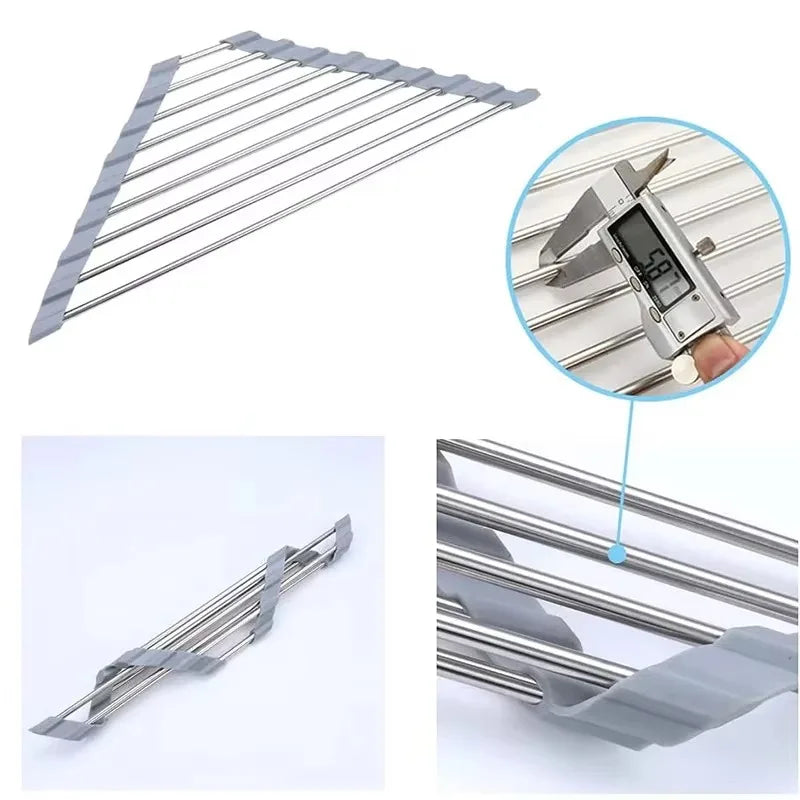 close-up of roll-up triangular dish drying rack with detail on rods and silicone edge