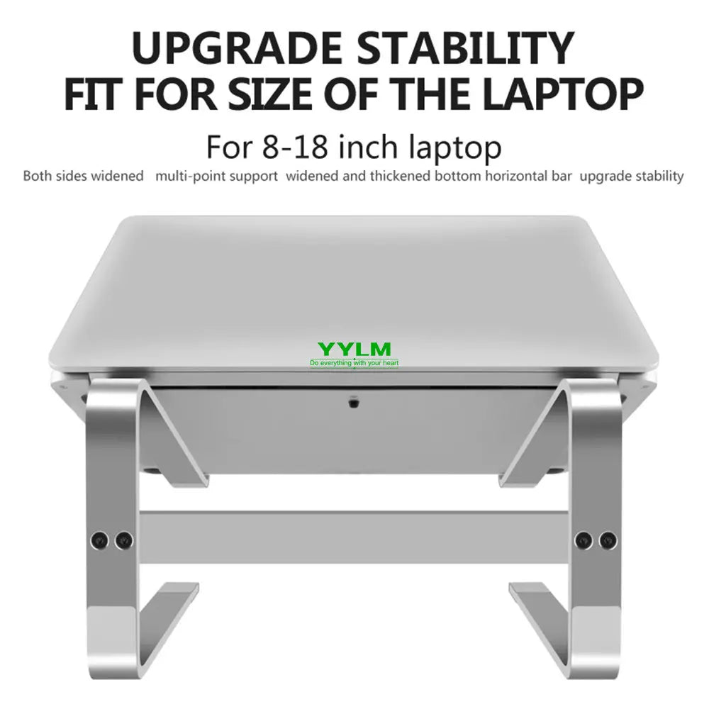 Aluminum laptop stand supporting a laptop with fit for 8–18 inch devices