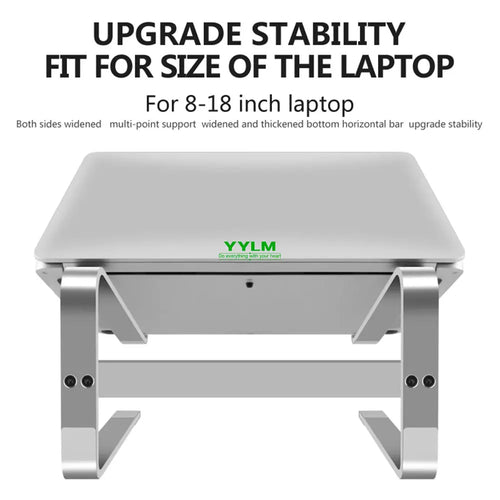 Front view of the aluminum laptop stand holding a laptop, suitable for 8–18 inch devices