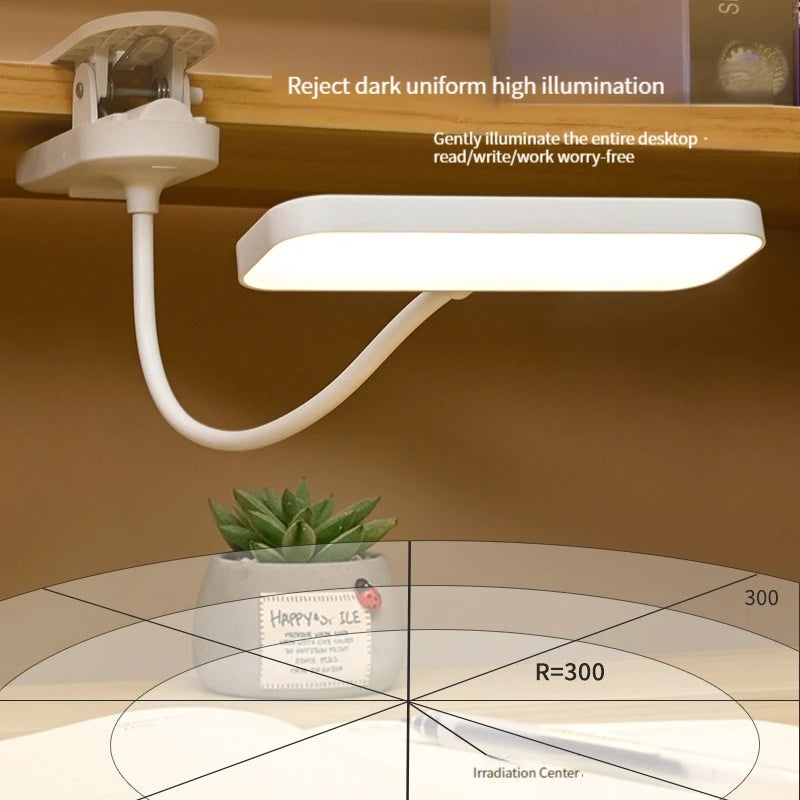 LED clip-on lamp illuminating a study desk with a light spread diagram representing coverage area.