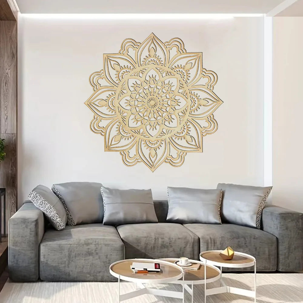 Moroccan mandala wall decor styled above a gray sectional in a contemporary living room
