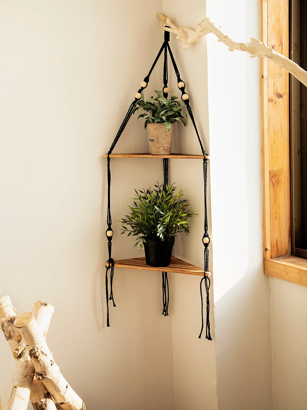 Juniper Macrame Wooden Corner Shelf for Wall – Floating Boho Display