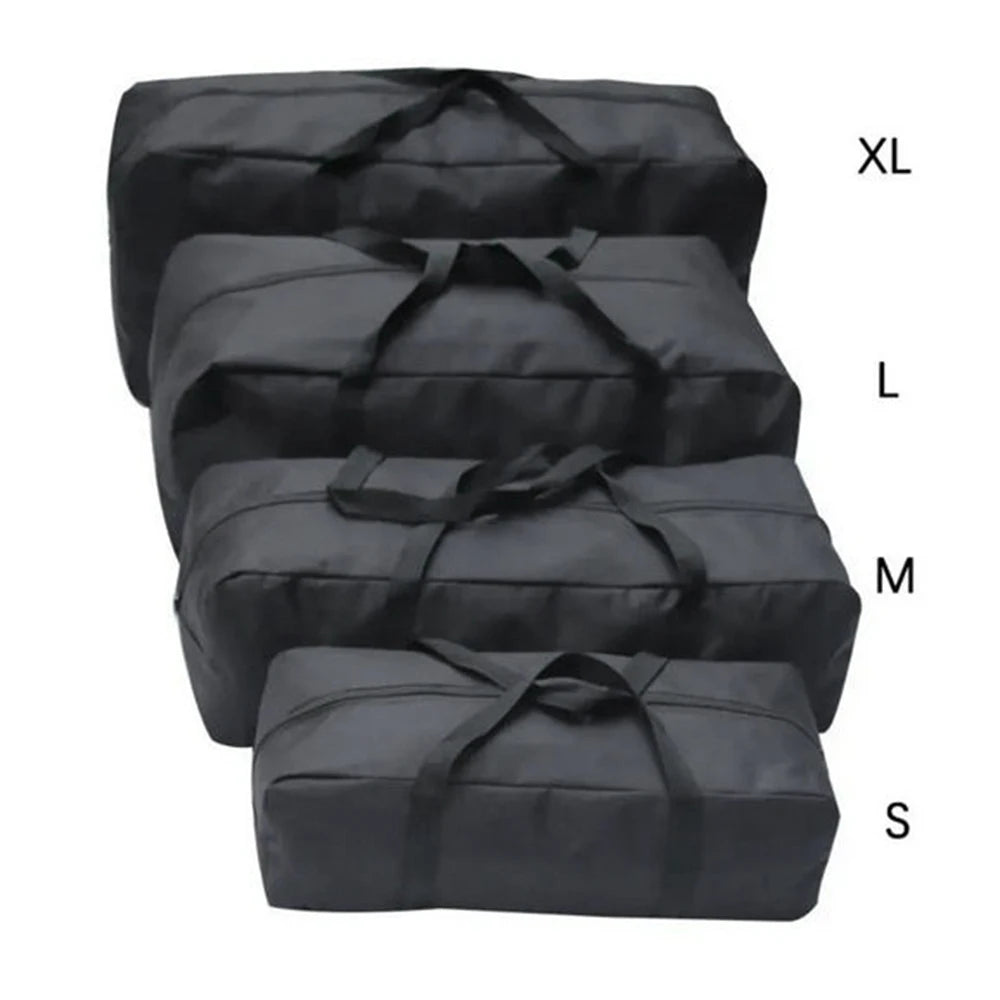 Four black oxford cloth storage bags in sizes XL, L, M, and S, stacked to show size comparison