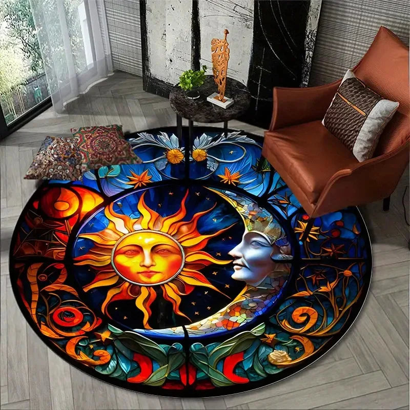 Colorful round celestial sun and moon rug in modern living room