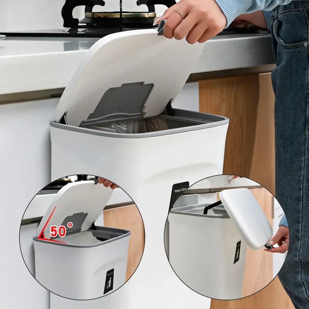 Person opening the lid of a white wall-mounted trash bin with close-ups of the lid angle