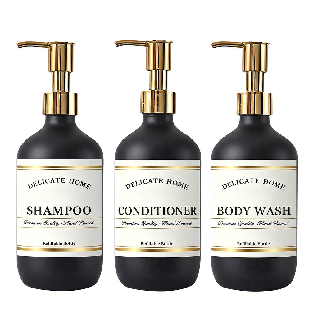 Matte Black Refillable Shower Dispenser Set of 3 with Gold Pumps – 500ml Bathroom Bottles for Shampoo, Conditioner & Body Wash