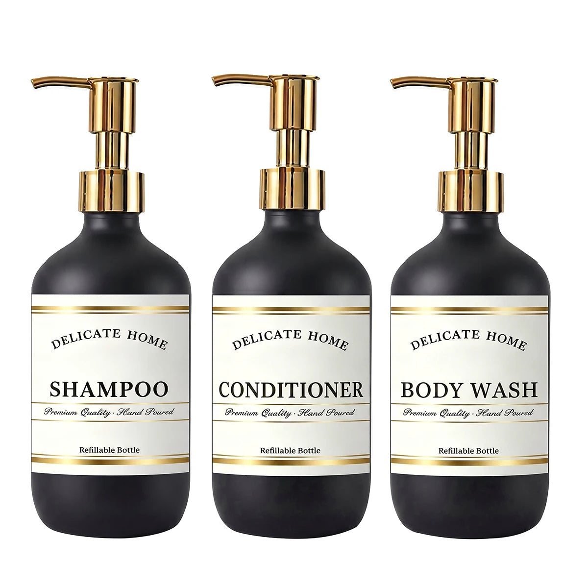 Matte Black Refillable Shower Dispenser Set of 3 with Gold Pumps – 500ml Bathroom Bottles for Shampoo, Conditioner & Body Wash