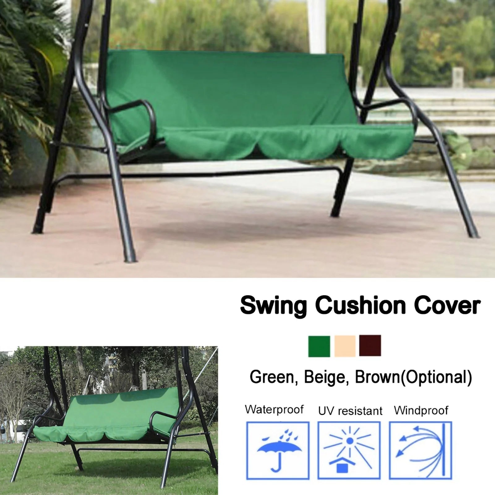 Green outdoor swing cushion cover on a black metal patio swing bench